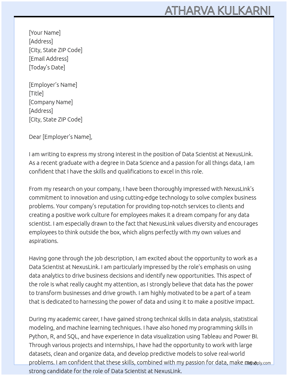 Data Scientist  At NexusLink Cover Letter