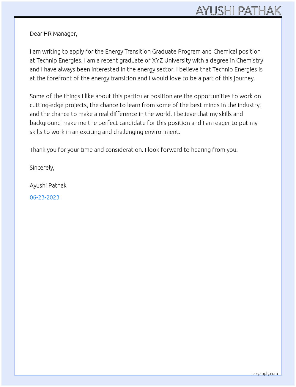 Energy Transition Graduate Program and Chemical  At Technip Energies Cover Letter