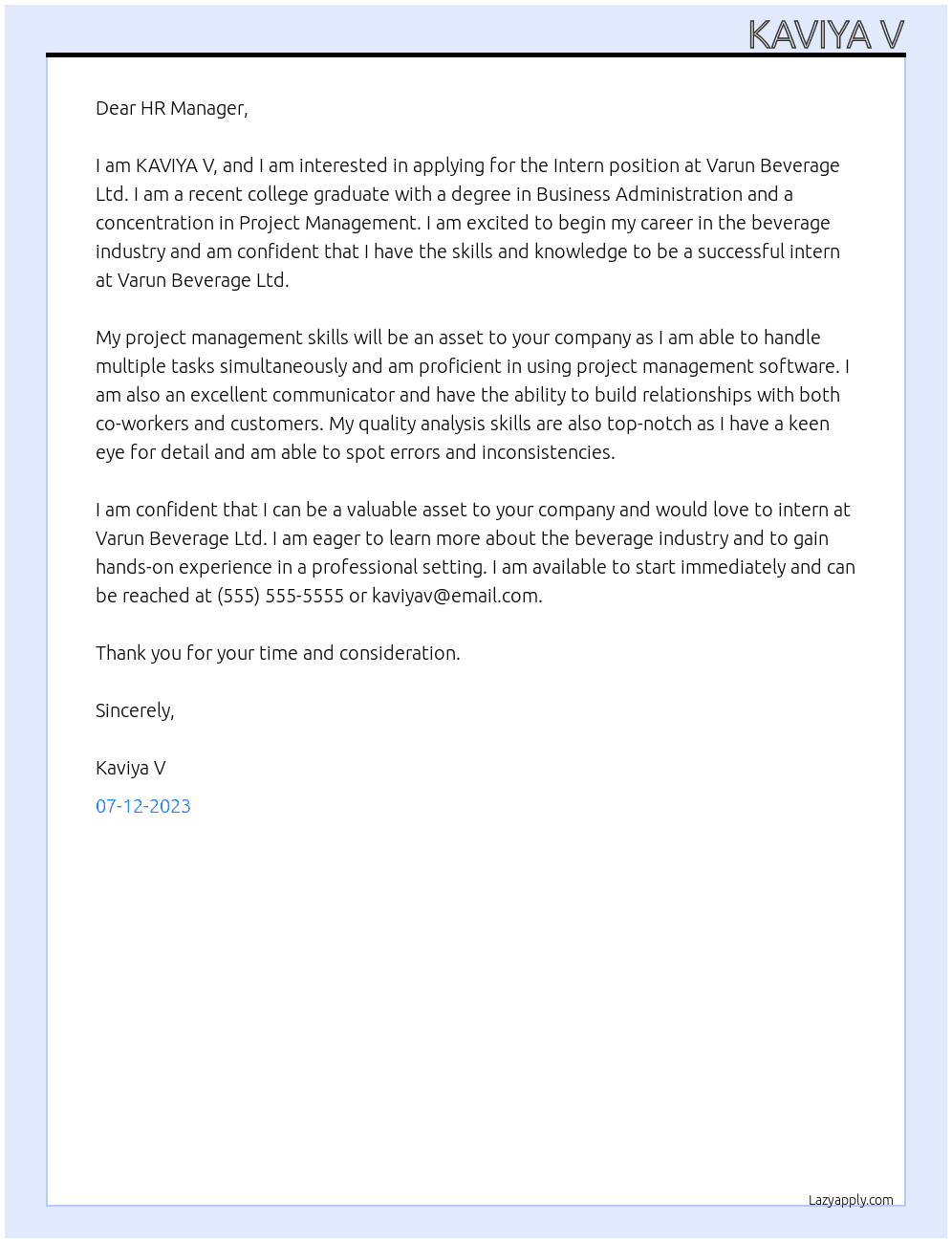 Intern  At Varun beverage Ltd  Cover Letter