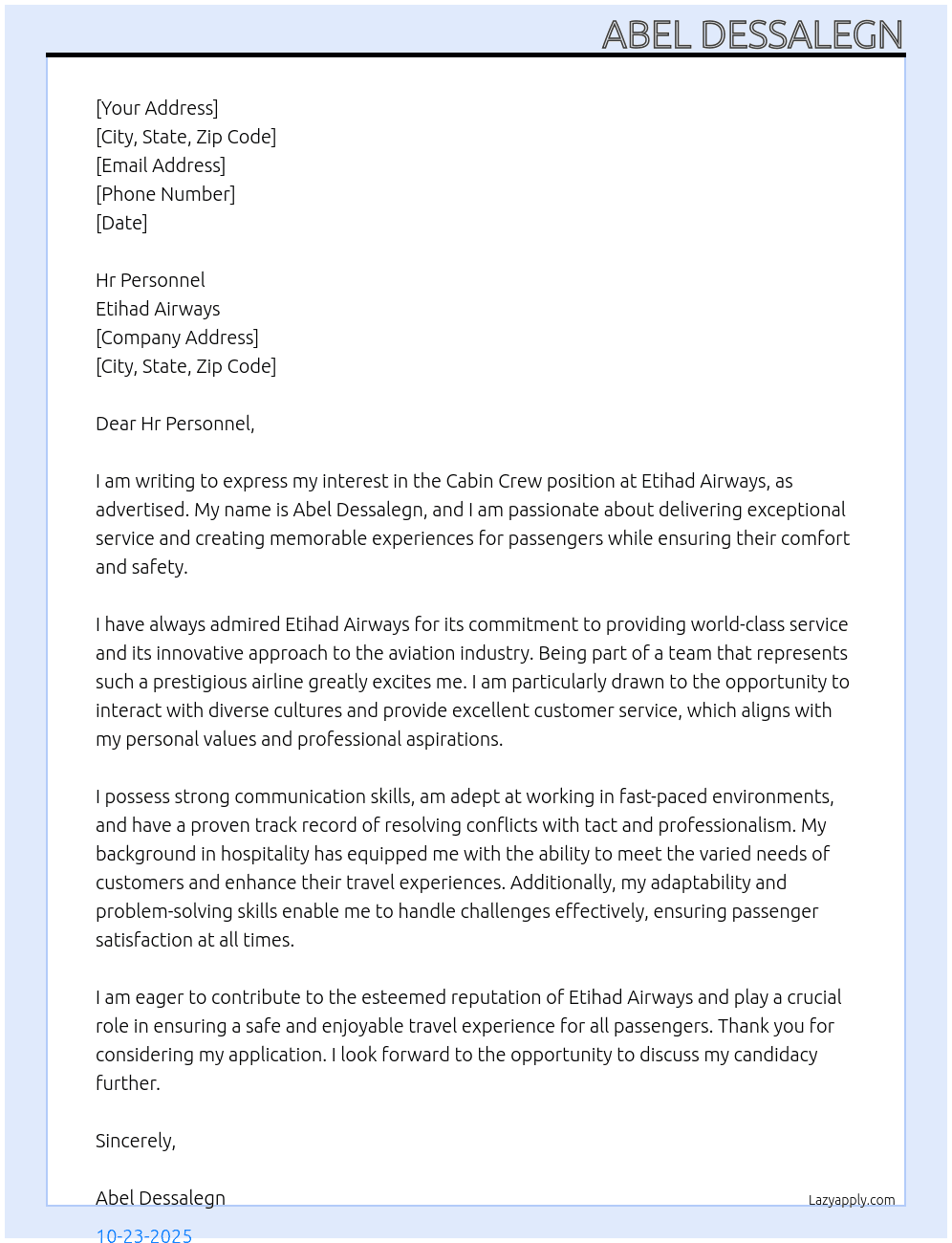 Cabin crew At Etihad Airways  Cover Letter