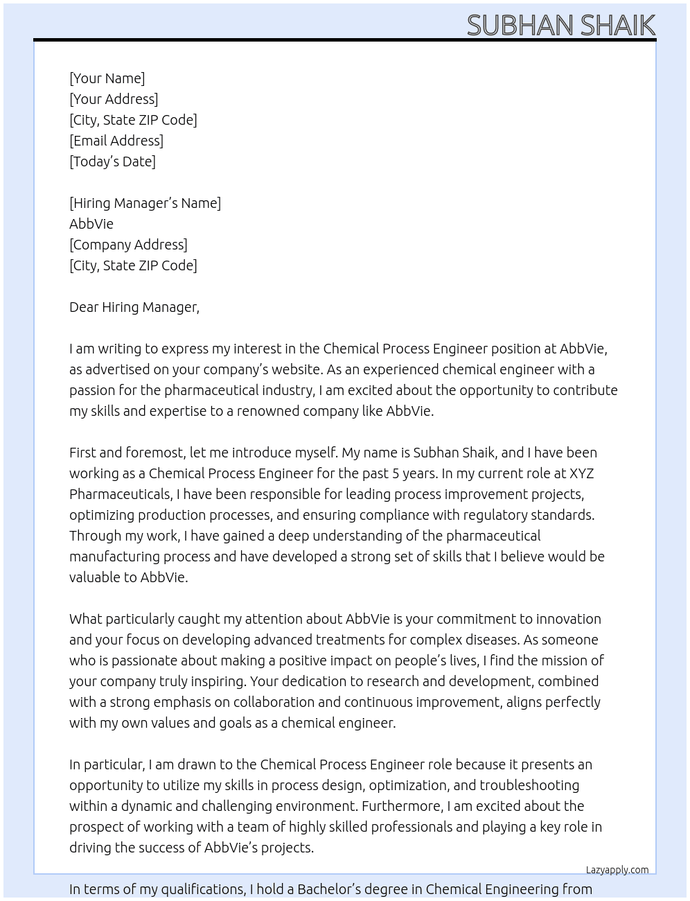 Chemical process engineer  At AbbVie  Cover Letter