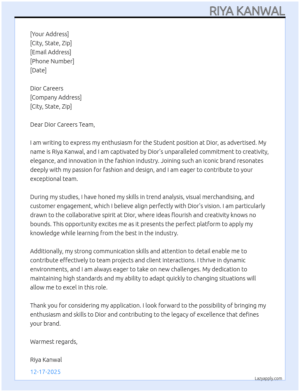 Student  At Dior  Cover Letter