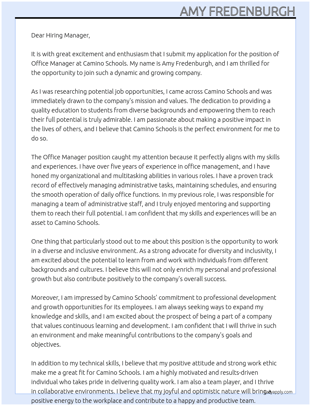 Office Manager At Camino Schools Cover Letter