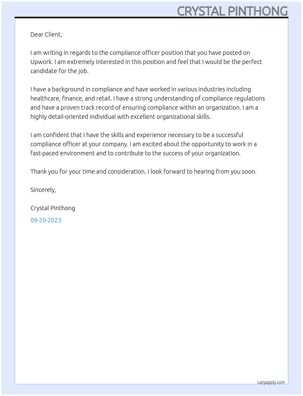 Compliance Officer At Upwork Cover Letter