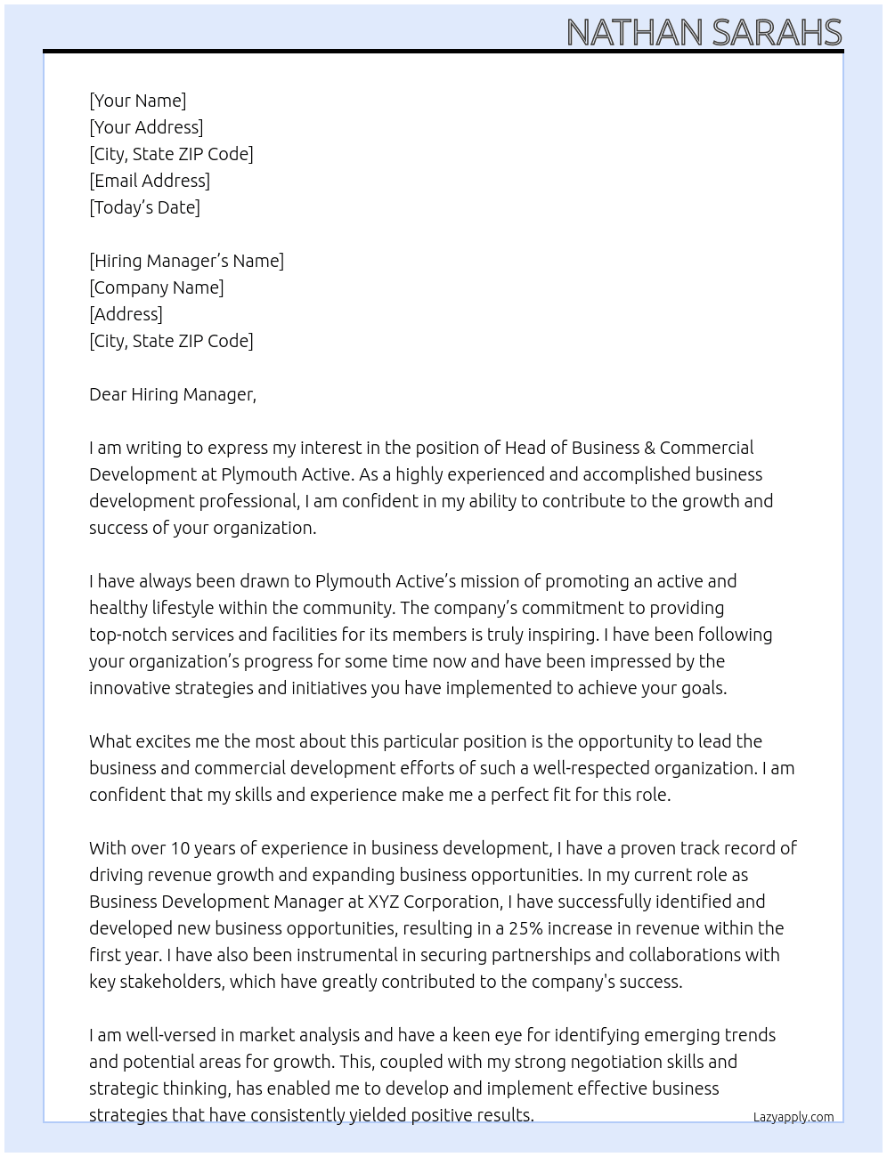 Head of Business & Commercial Development At Plymouth Active Cover Letter