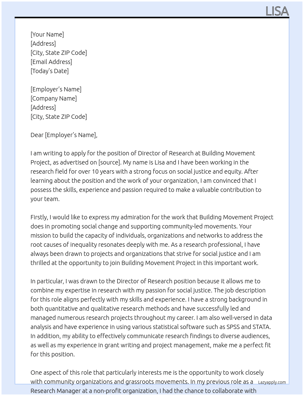 Director of Research At Building Movement Project Cover Letter