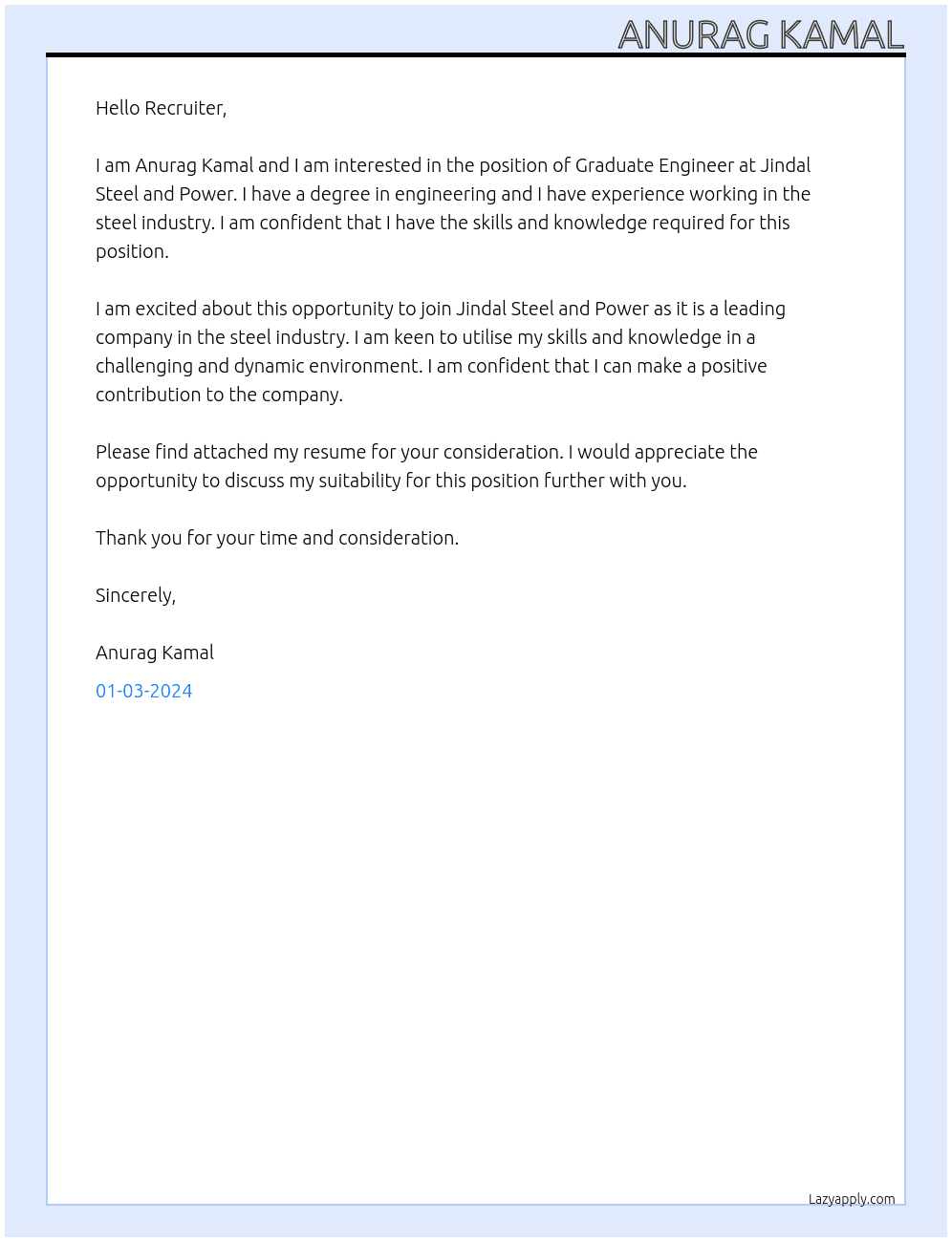 Graduate Engineer At Jindal Steel and Power Cover Letter
