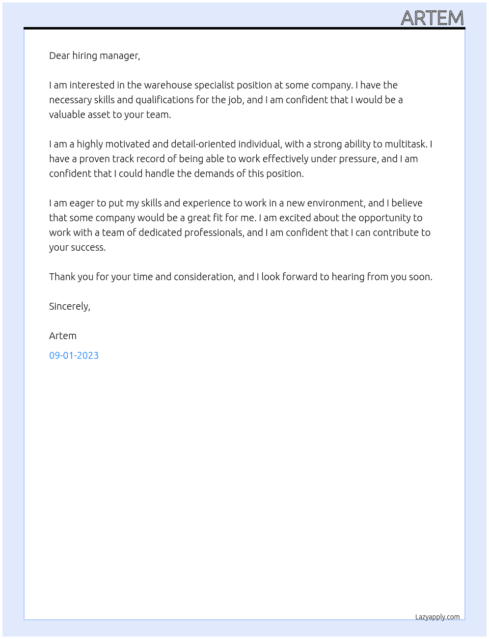 warehouse specialist At some company Cover Letter