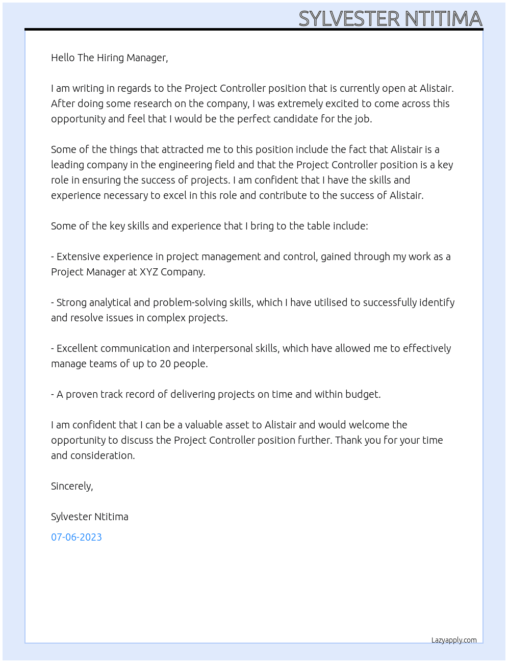 Project controller  At Alistair Cover Letter