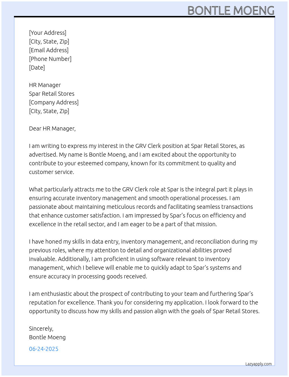 GRV Clerk  At Spar retail stores Cover Letter
