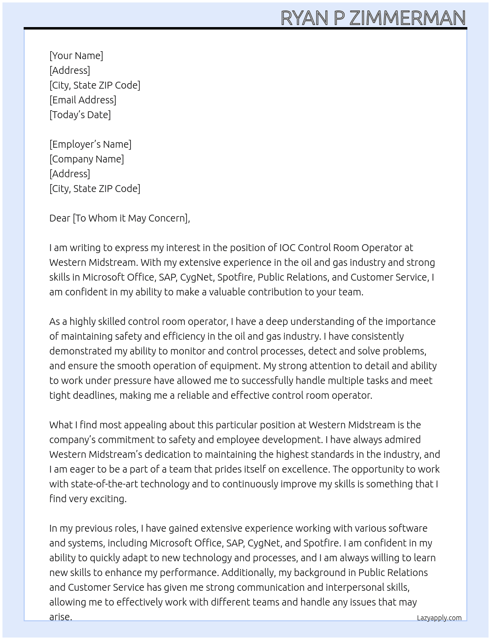IOC Control Room Operator At Western Midstream Cover Letter