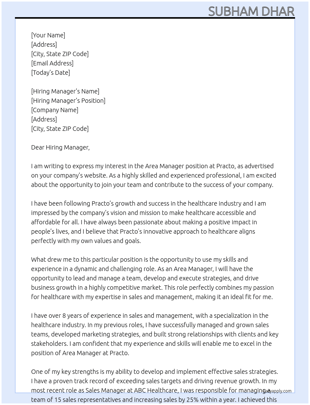 Area Manager At Practo Cover Letter