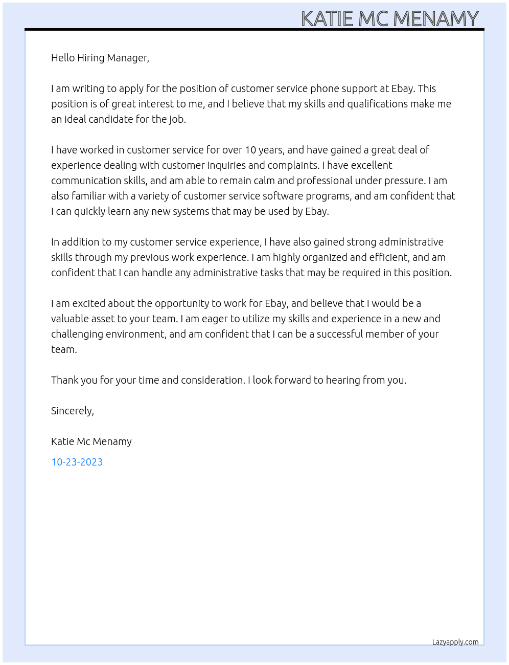 customer service phone support  At Ebay  Cover Letter