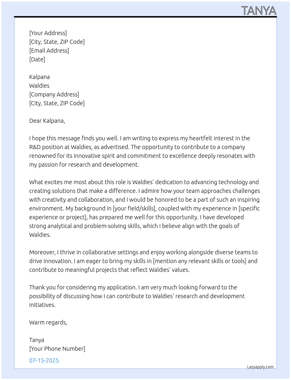 R&D At Waldies Cover Letter