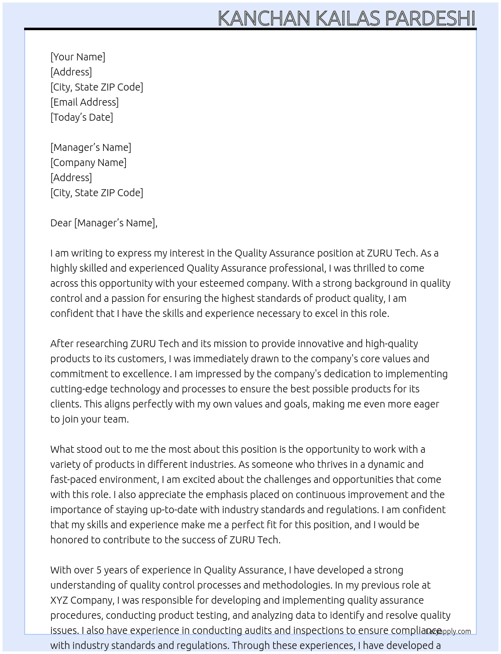 Quality Assurance At ZURU Tech  Cover Letter