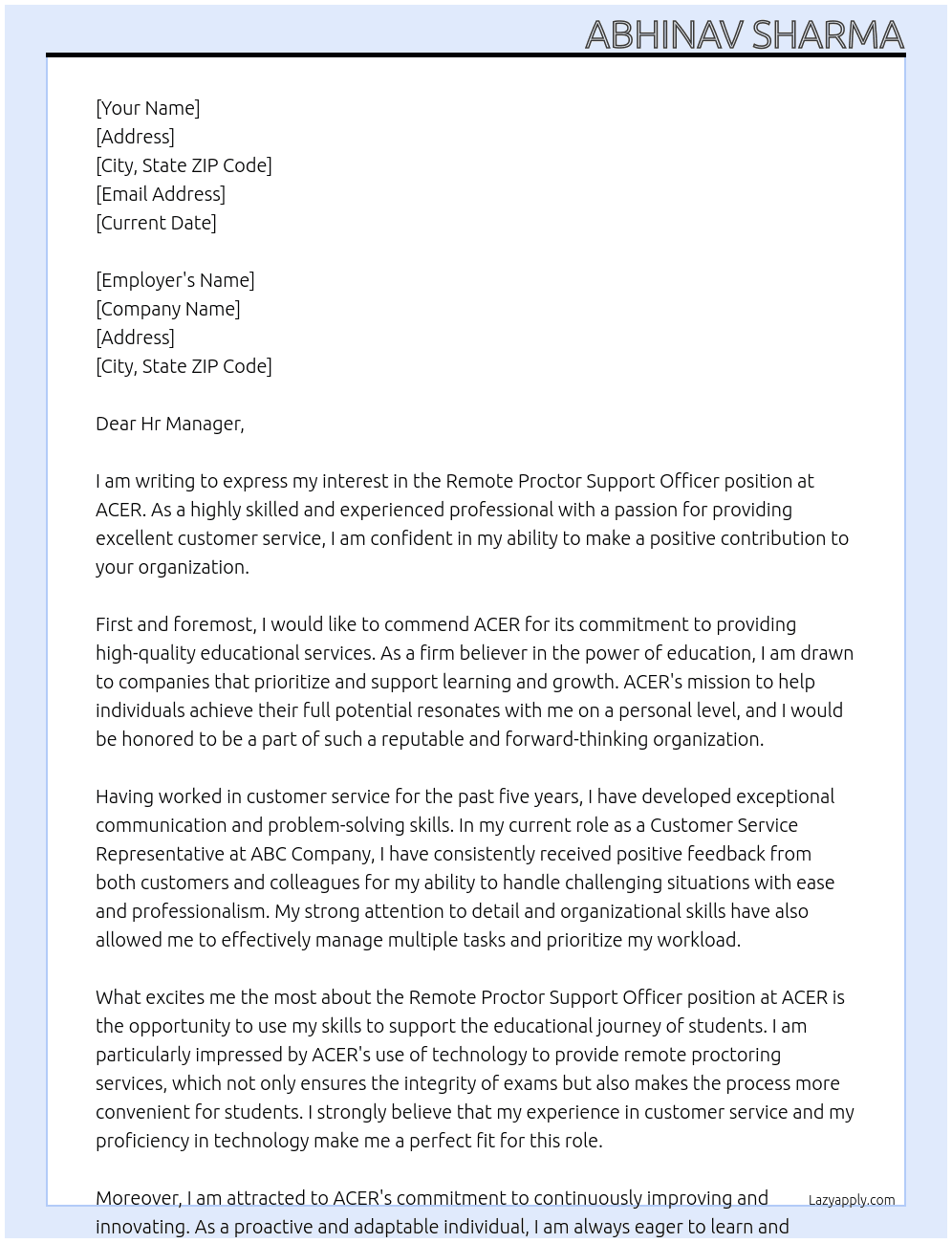 Remote Proctor Support Officer At ACER Cover Letter