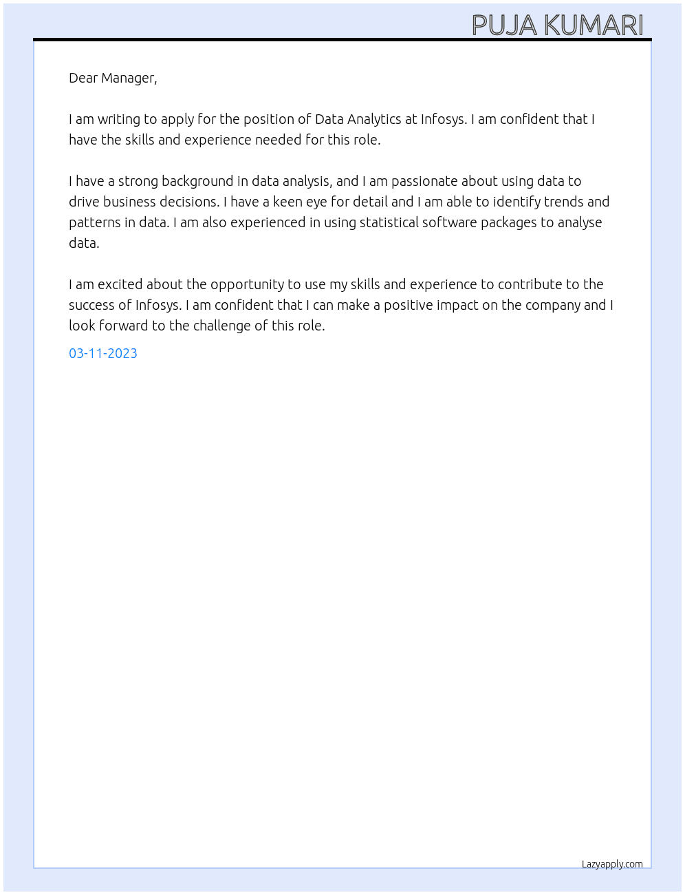 Data Analytics  At Infosys  Cover Letter