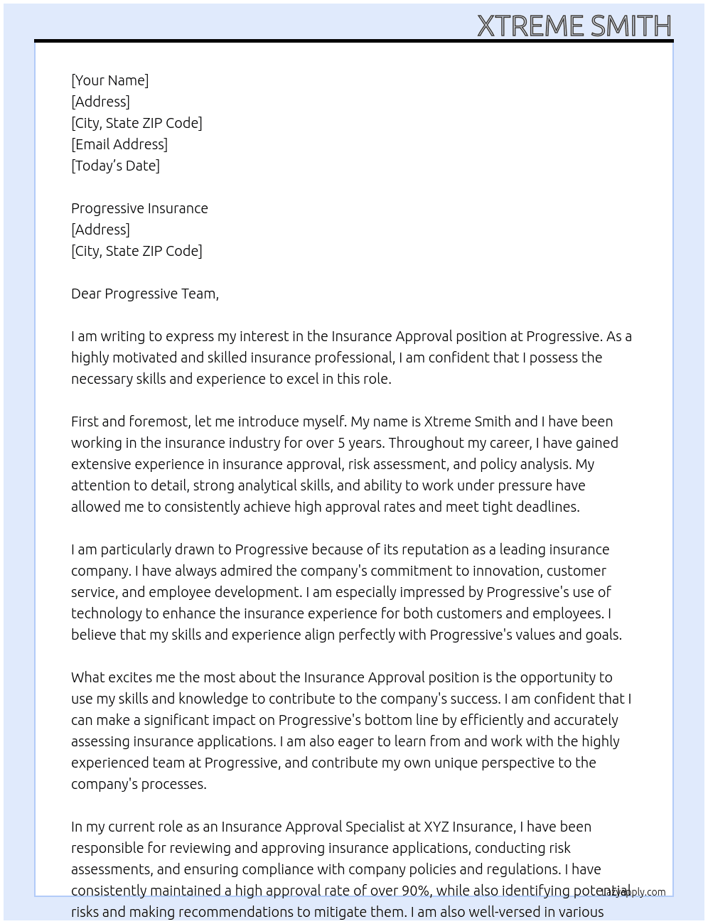 Insurance Approval  At Progressive  Cover Letter