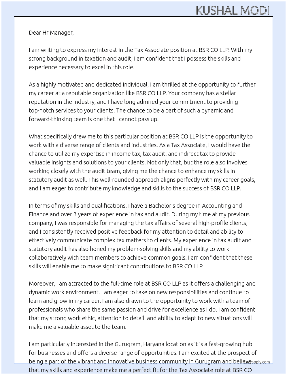 Tax Associate  At BSR CO LLP Cover Letter