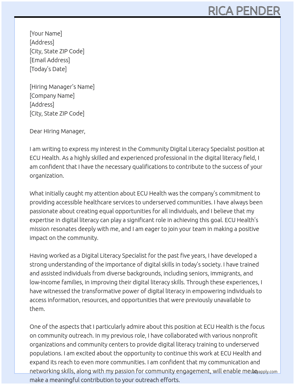 Community Digital Literacy Specialist At ECU Health Cover Letter
