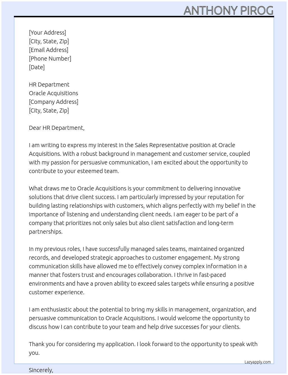 Sales Representative  At Oracle Acquisitions Cover Letter