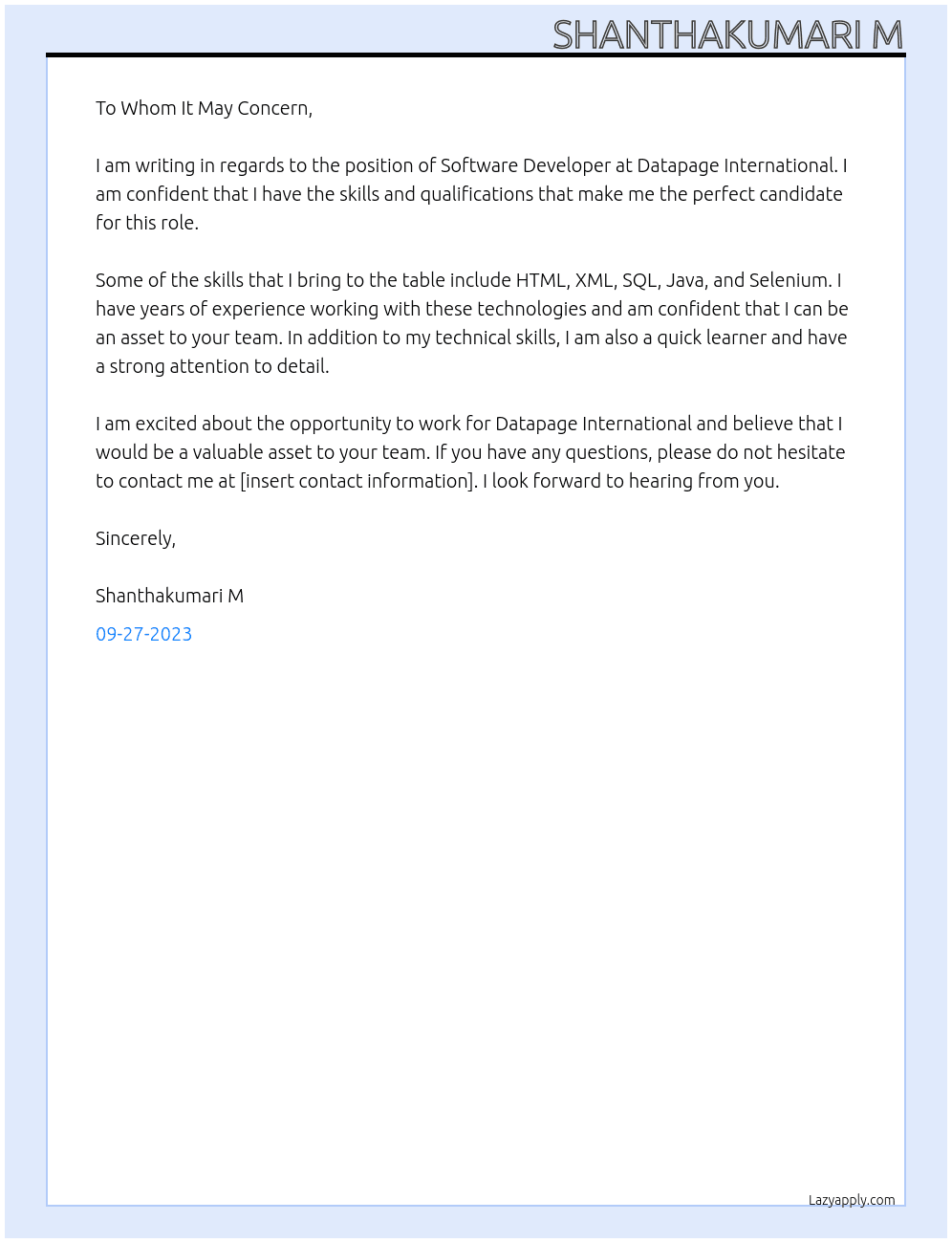 Software developer At Datapage International Cover Letter