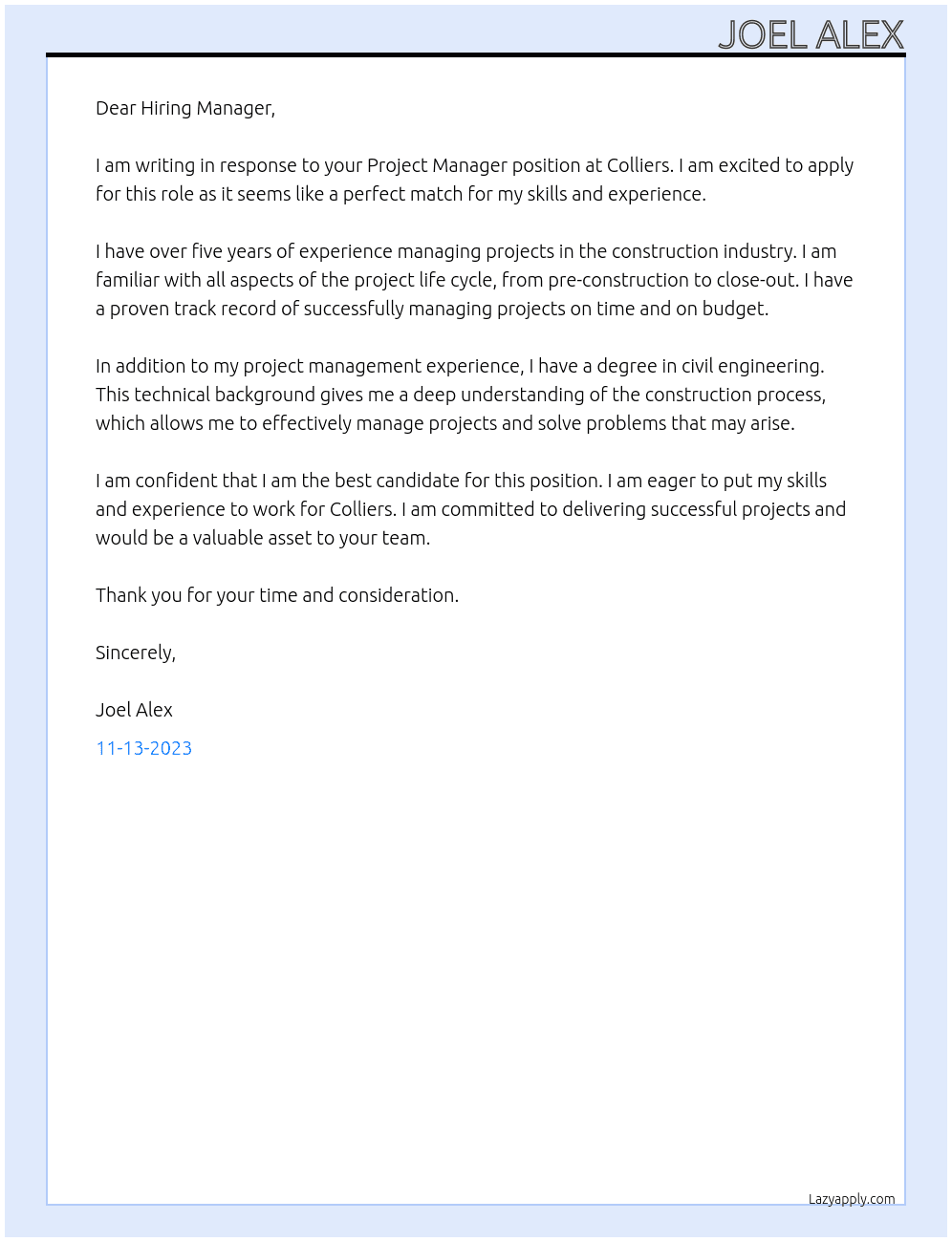 Project Manager At Colliers Cover Letter