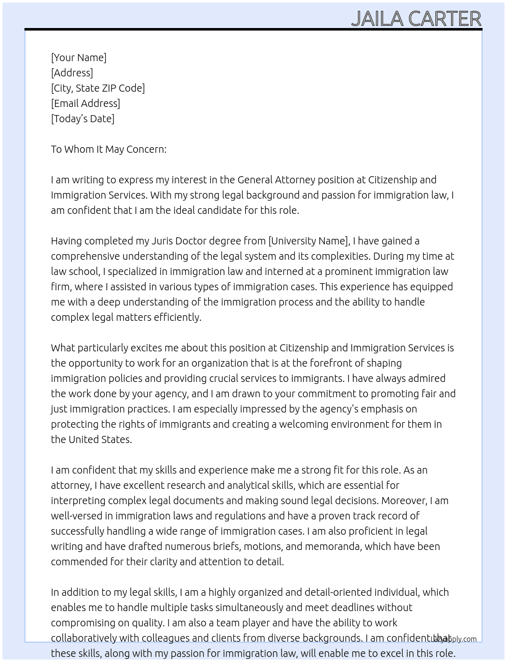 General Attorney At Citizenship and Immigration Services Cover Letter