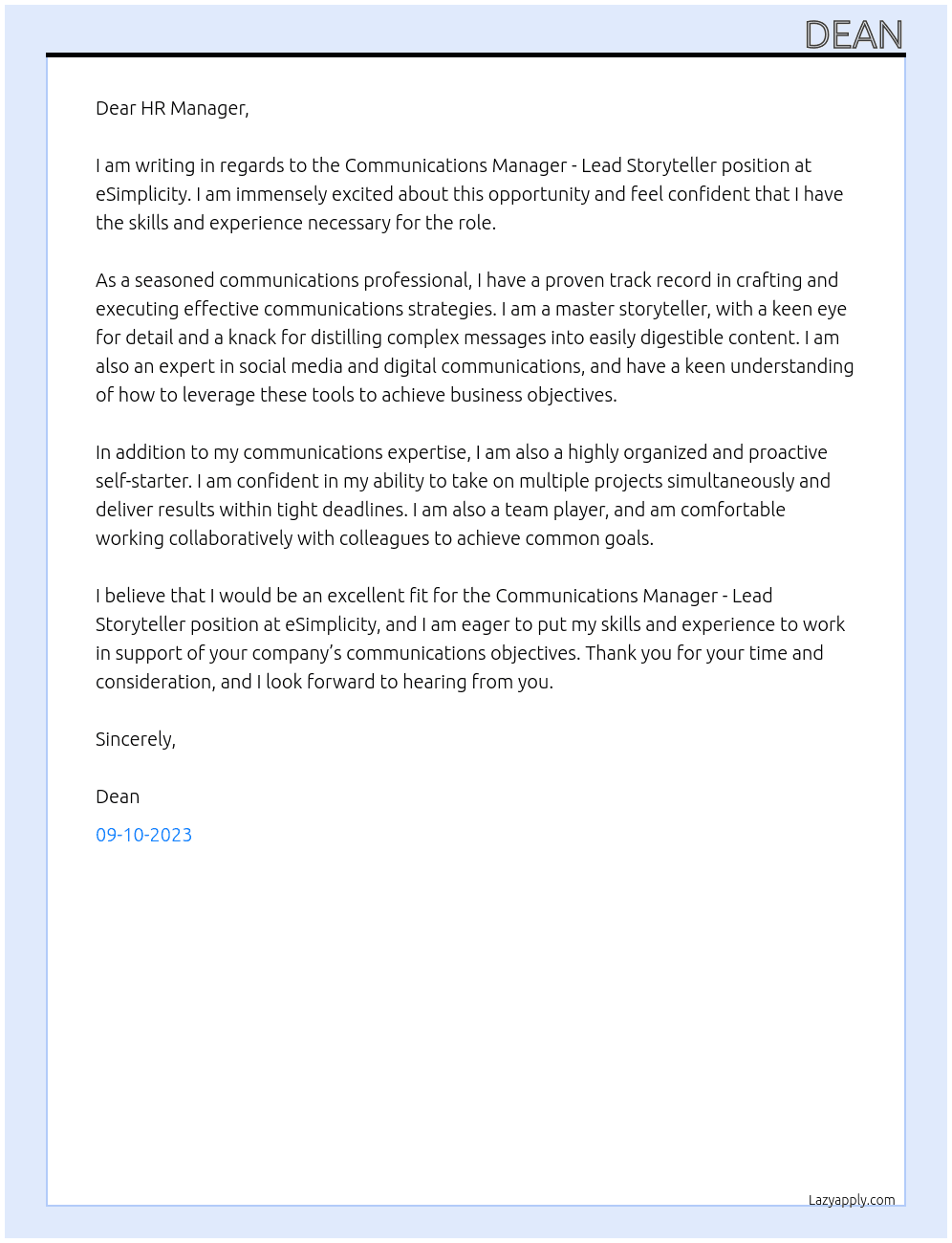 Communications Manager - Lead Storyteller At eSimplicty Cover Letter