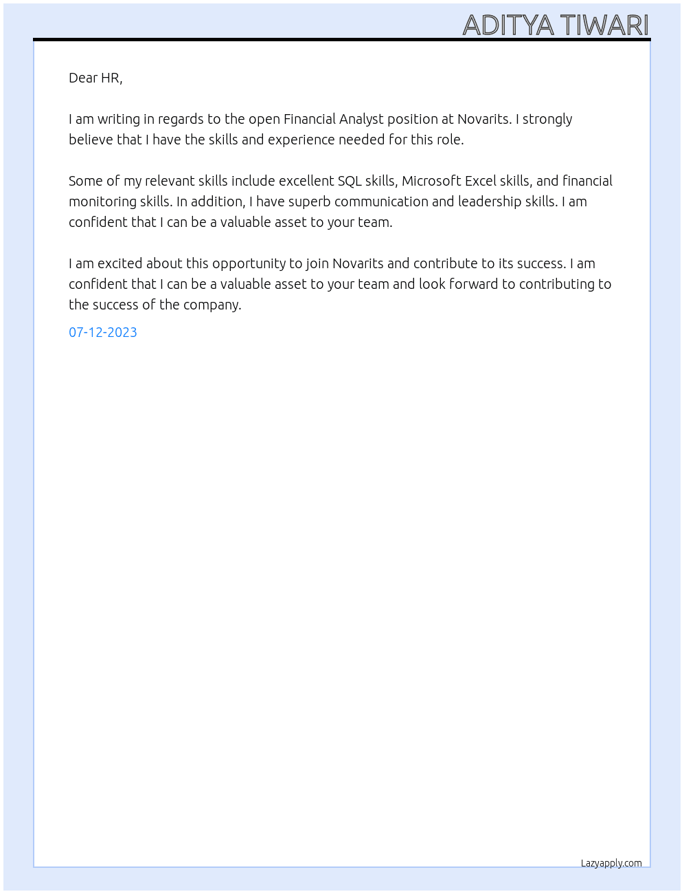FINANCIAL ANALYST At NOVARITS Cover Letter