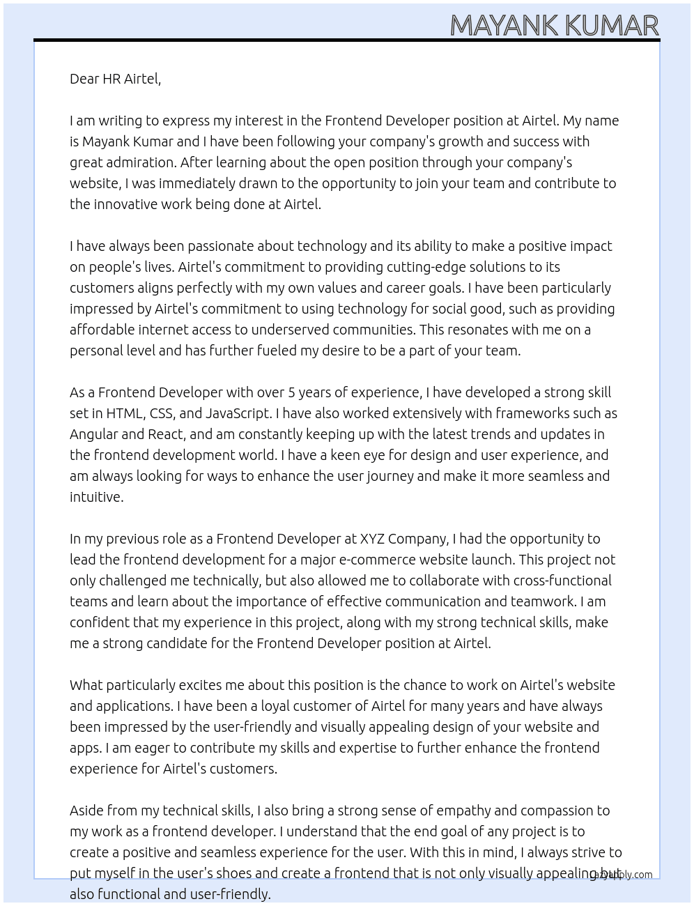 Frontend Developer At Airtel Cover Letter