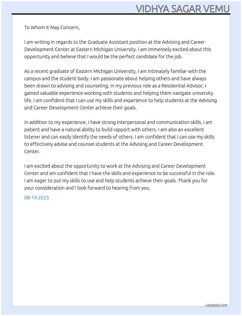 graduate assistant At eastern michigan university Cover Letter
