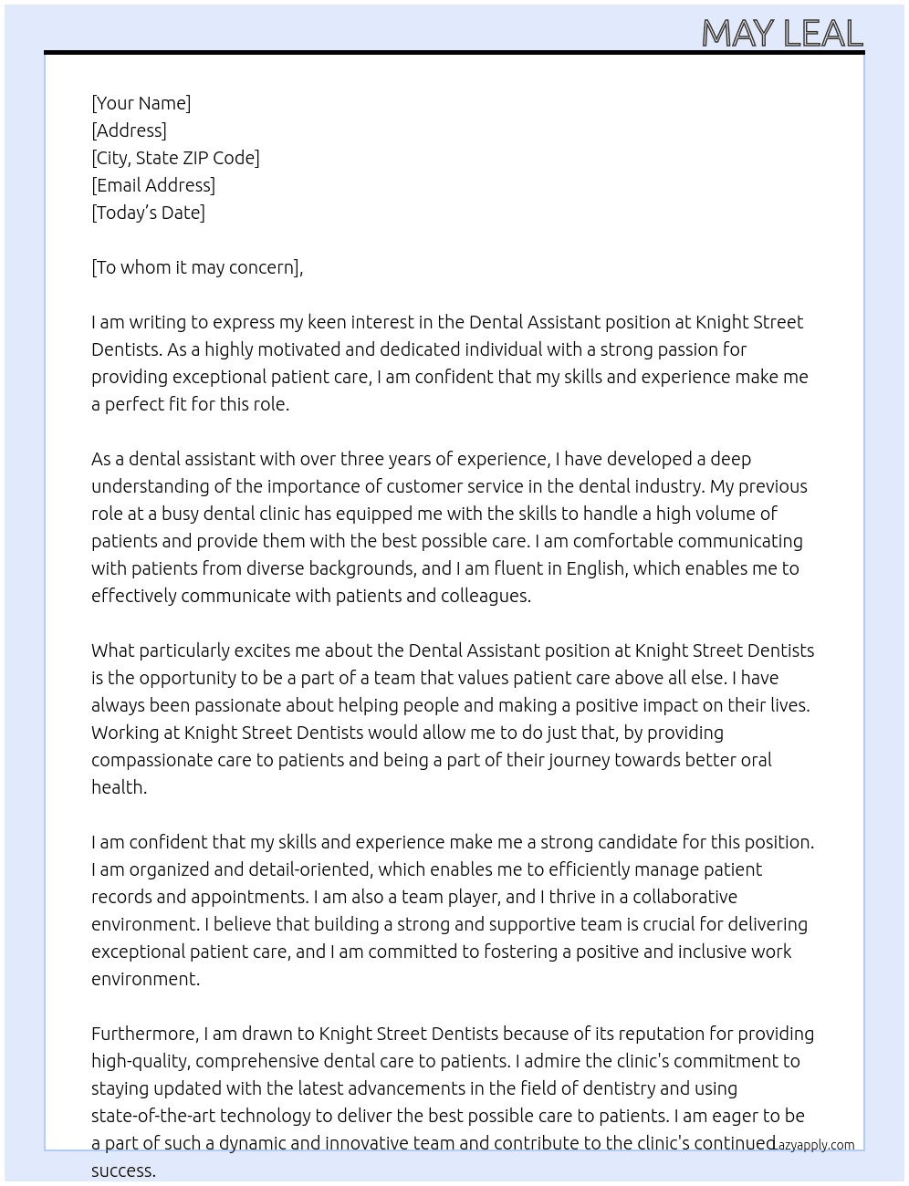 Dental Assistant At Knight Street Dentists Cover Letter