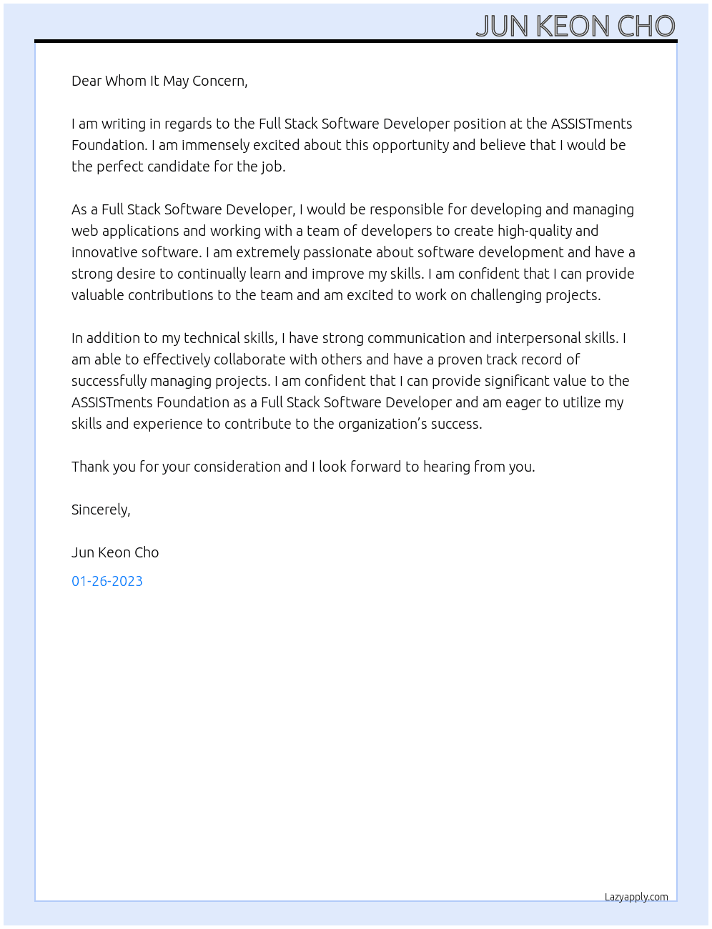 Full Stack Software Developer At  ASSISTments Foundation Cover Letter