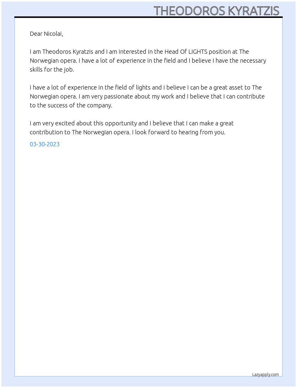 Head Of LIGHTS  At The Norwegian opera  Cover Letter