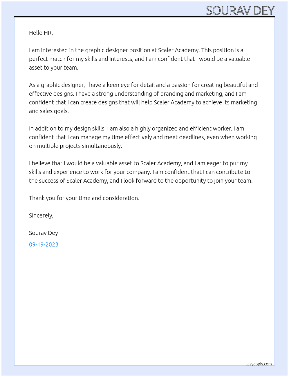 graphic designer At scaler academy Cover Letter