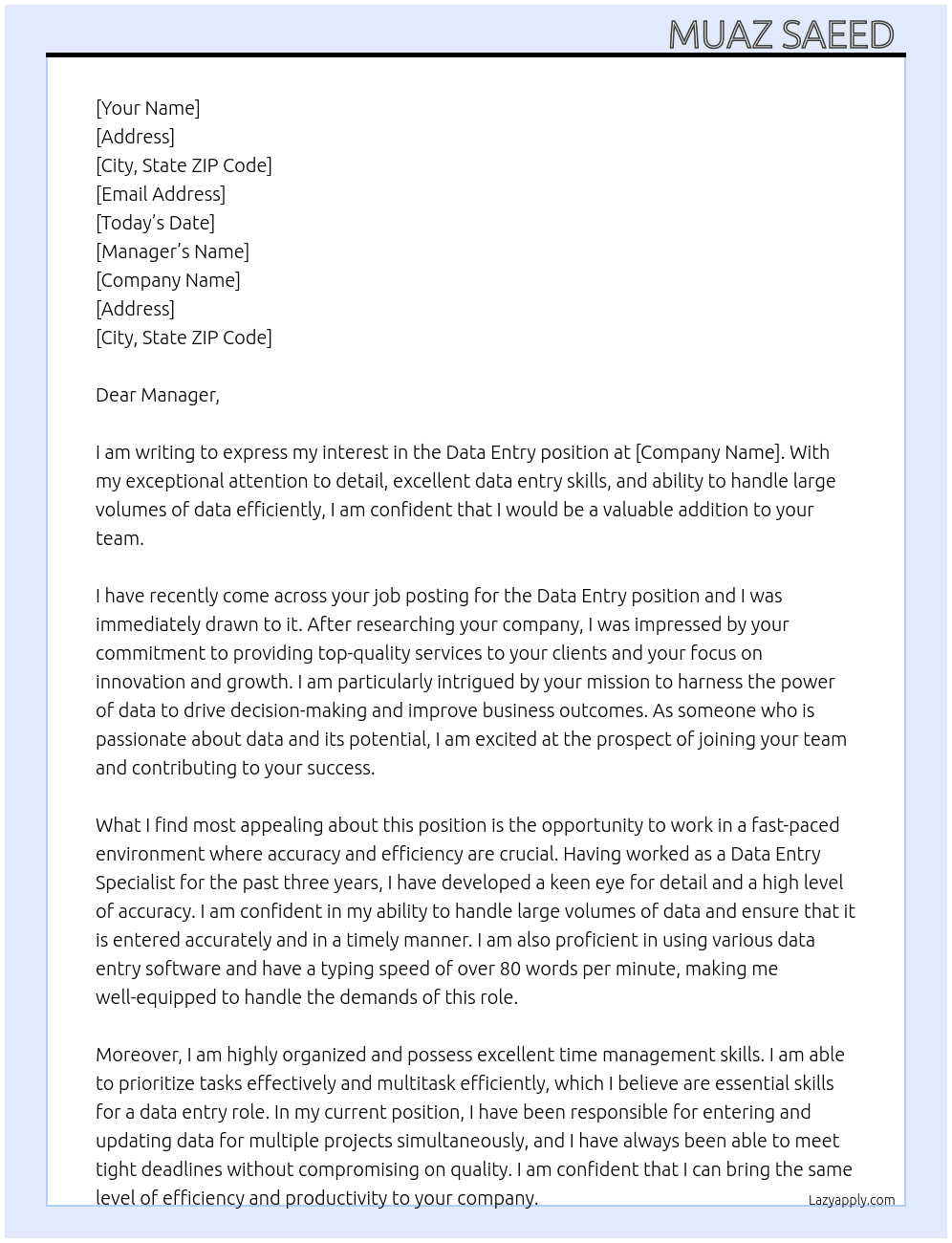 Data entry  At Other Cover Letter