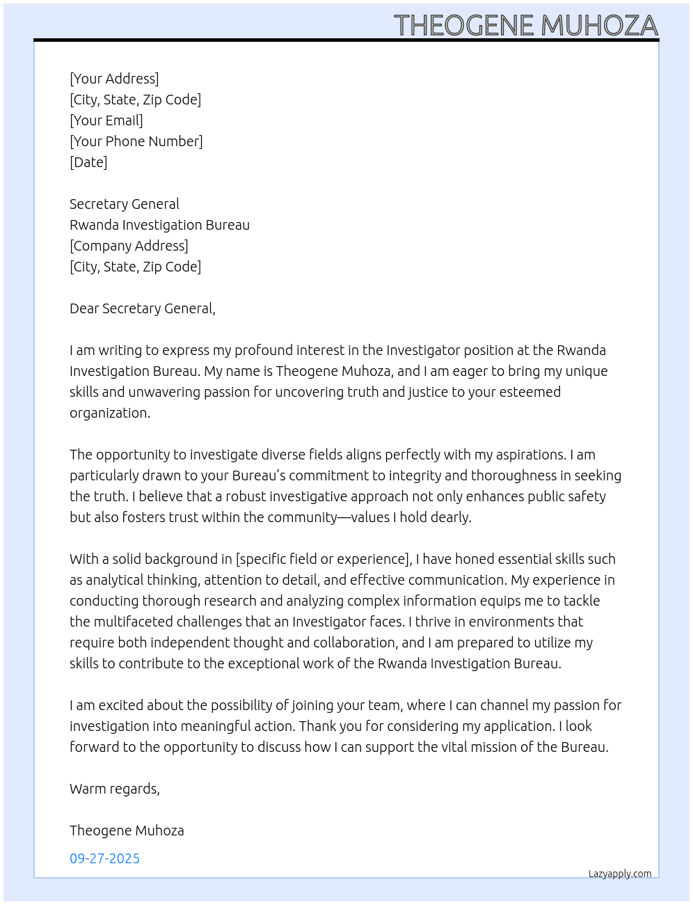 Investigator in different fields At RWANDA INVESTIGATION BUREAU Cover Letter