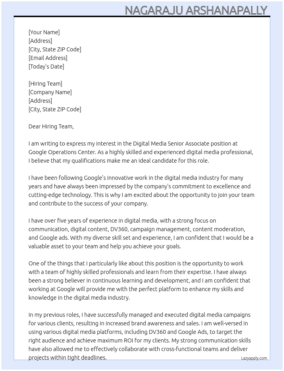 Digital media senior Associate  At Google Operations Center  Cover Letter
