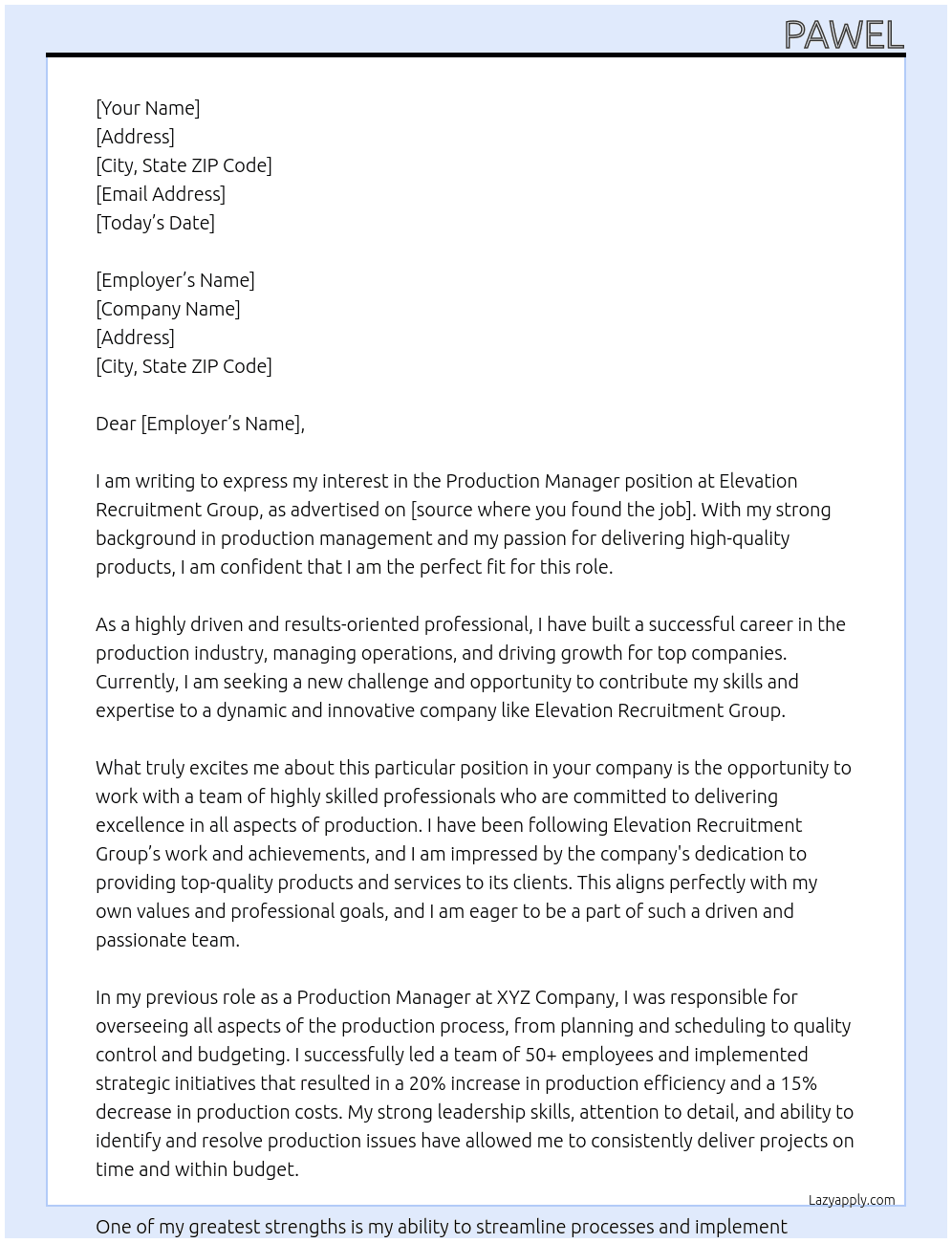 Production Manager At Elevation Recruitment Group Cover Letter