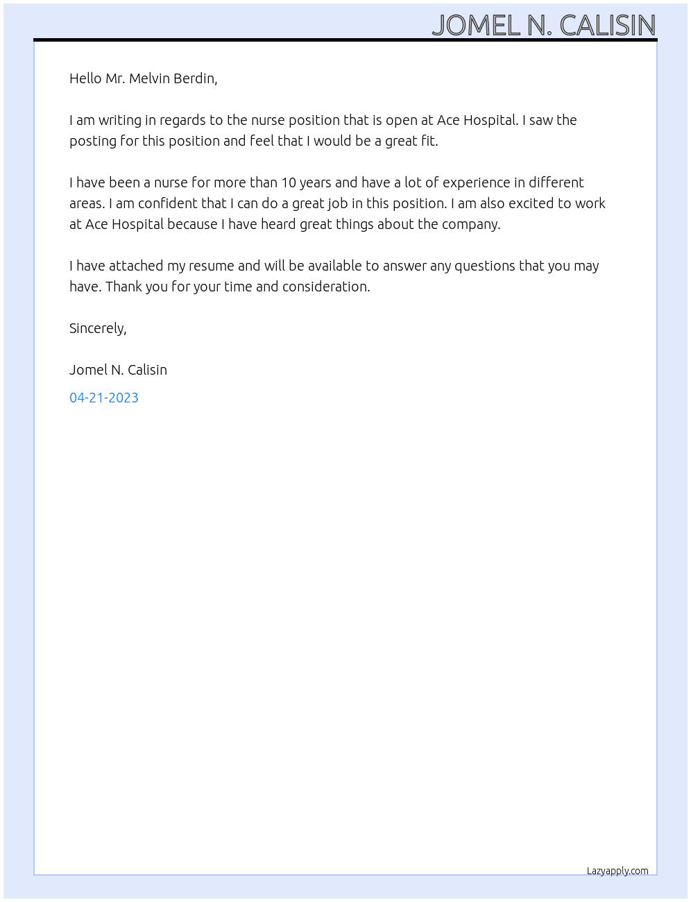 nurse At ace hospital Cover Letter
