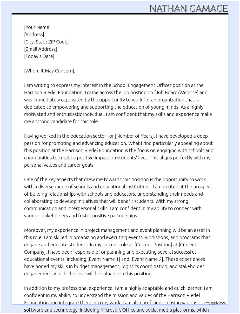 School Engagement Officer At Harrison Riedel Foundation Cover Letter