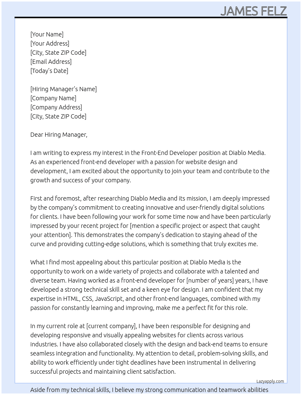 Front-End Developer At Diablo Media Cover Letter