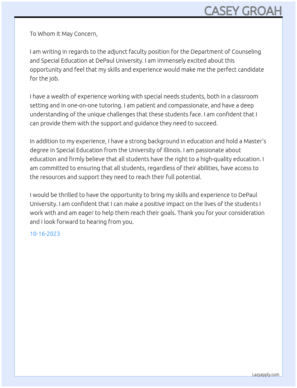 Adjunct Faculty - Department of Counseling and Special Education, Special Education and Reading At DePaul University Cover Letter