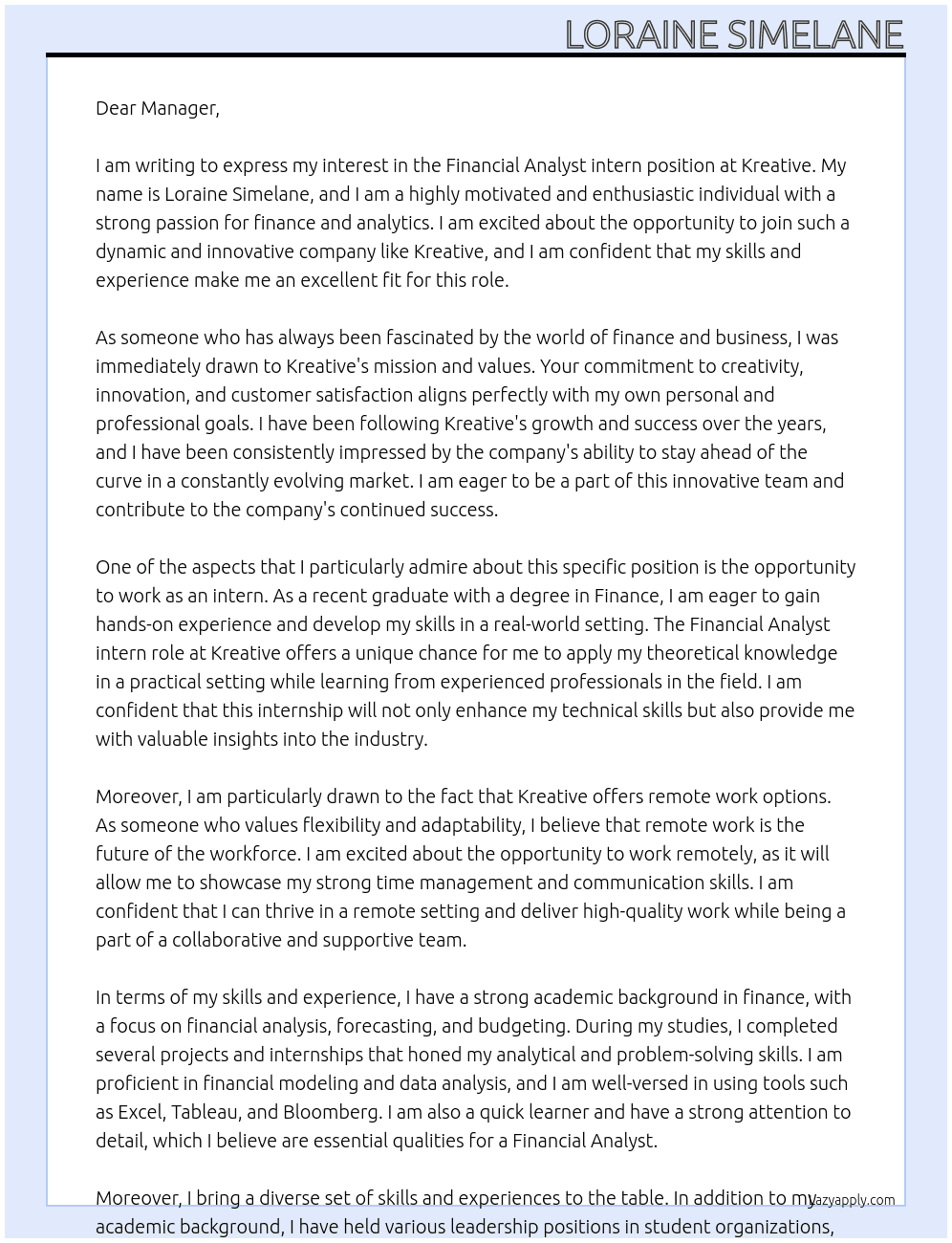 Financial Analyst intern  At Kreative  Cover Letter