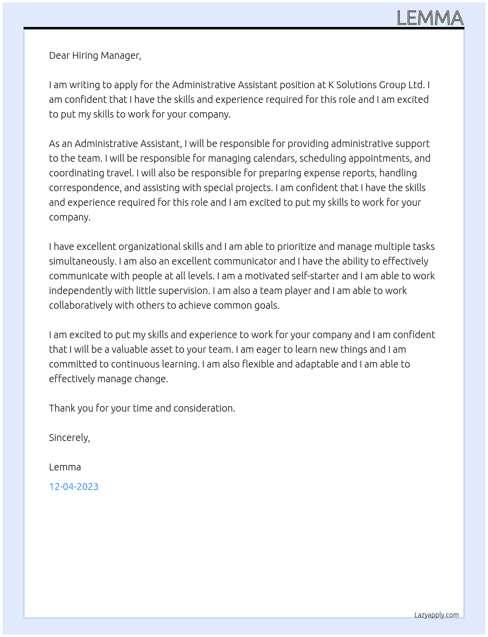 Adminstrative Assistant At K Solutions Group Ltd Cover Letter