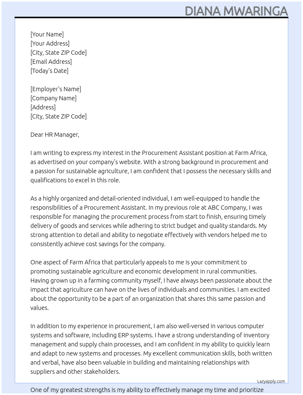 Procurement Assistant At Farm Africa Cover Letter