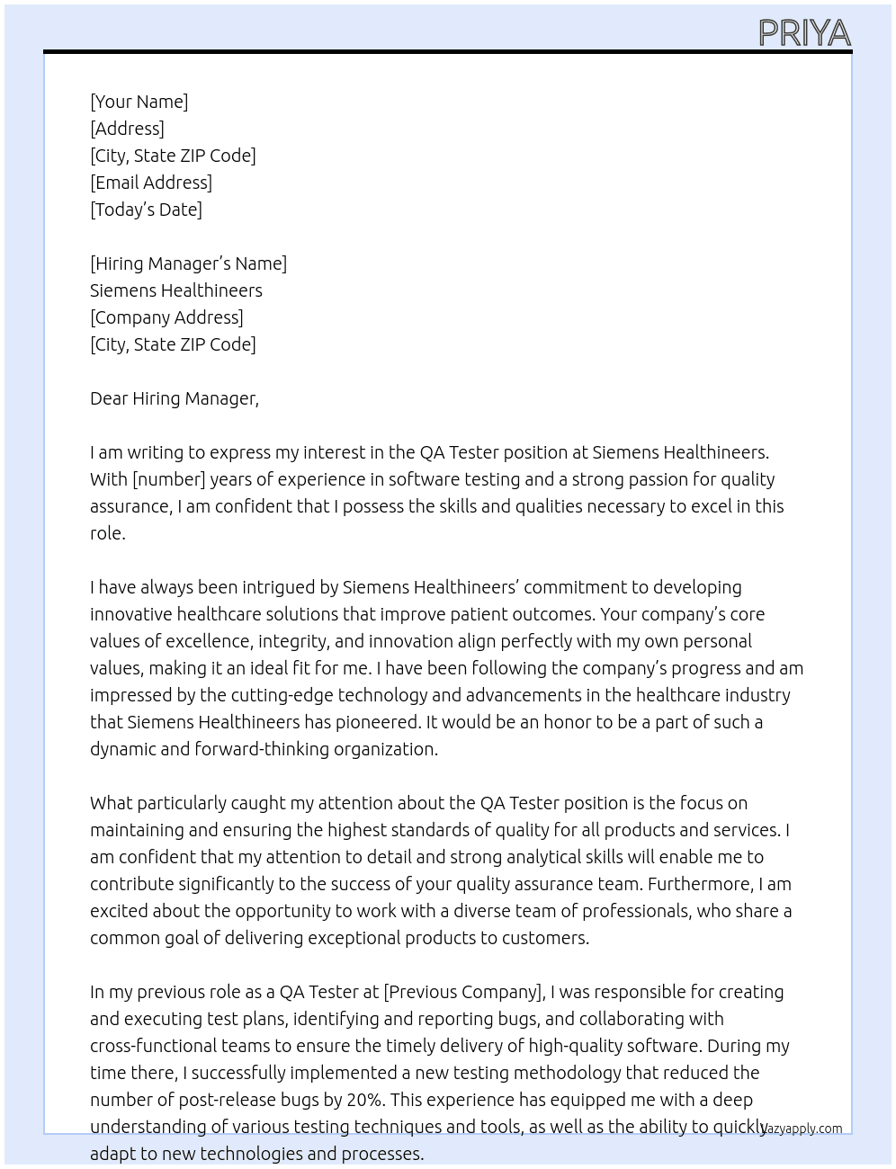 QA Tester At Seimens Healthineers Cover Letter