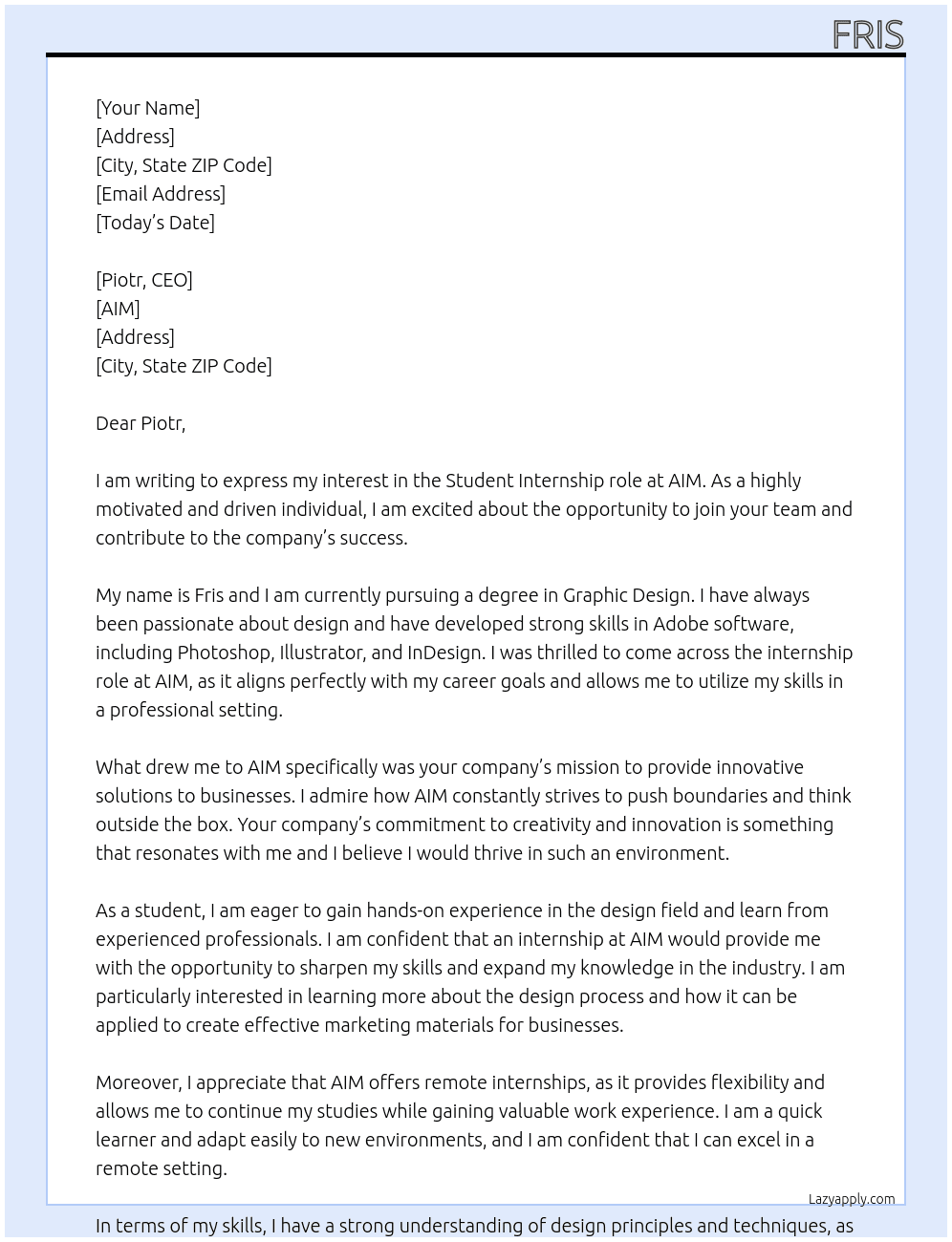 STUDENT At AIM Cover Letter