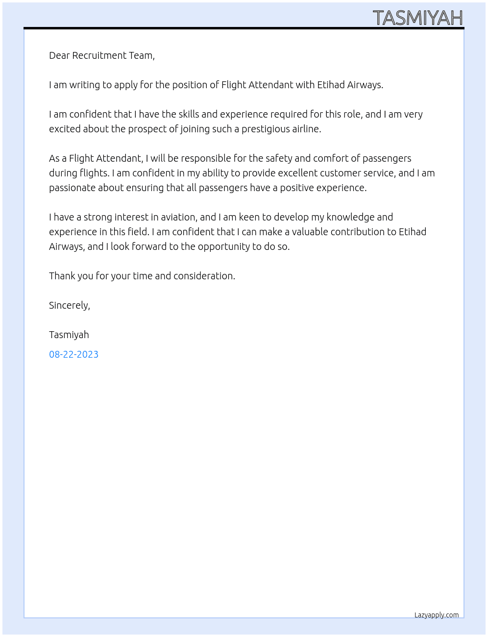Flight Attendant At Etihad Airways  Cover Letter